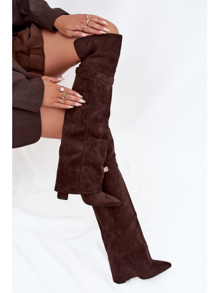 Insulated boots with rolled top Over the knee block heel chocolate Serelle