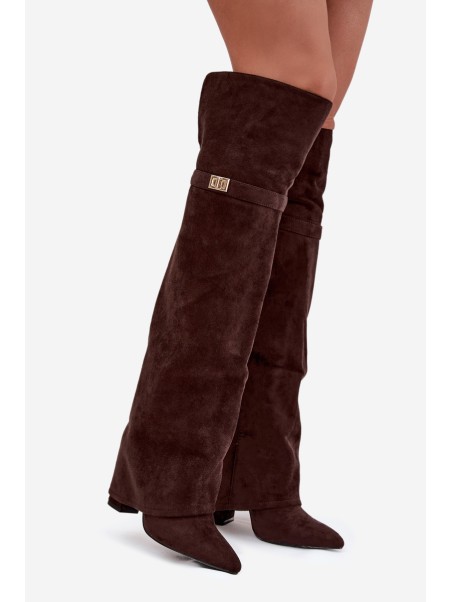 Insulated boots with rolled top Over the knee block heel chocolate Serelle
