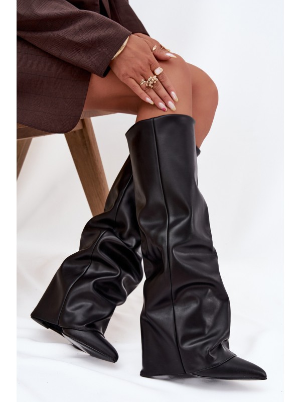 Insulated Women's Boots with Turned Cuff on Heel Black Elivira