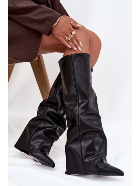 Insulated Women's Boots with Turned Cuff on Heel Black Elivira