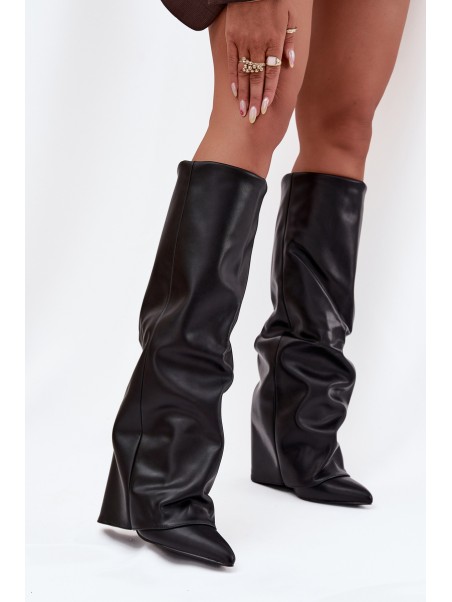 Insulated Women's Boots with Turned Cuff on Heel Black Elivira