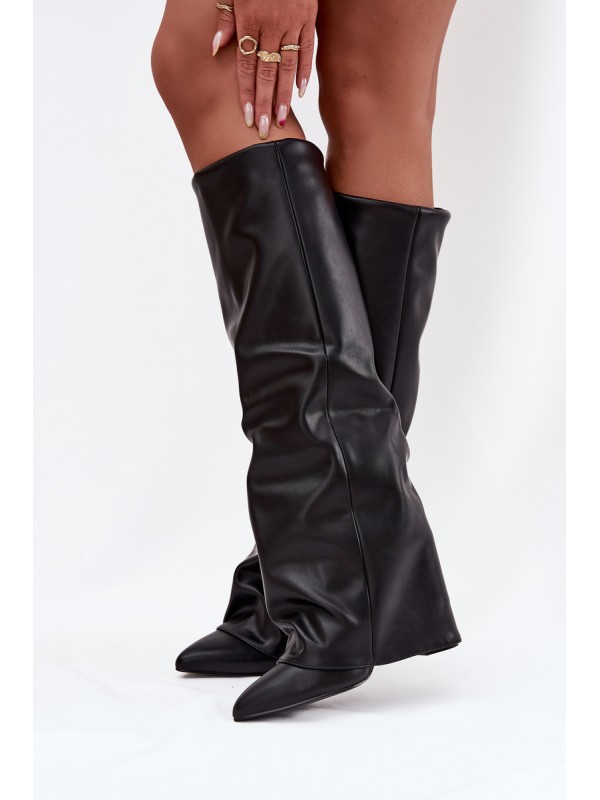 Insulated Women's Boots with Turned Cuff on Heel Black Elivira