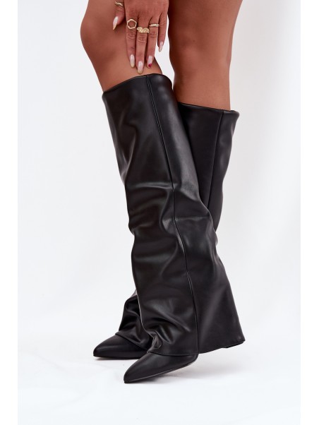 Insulated Women's Boots with Turned Cuff on Heel Black Elivira