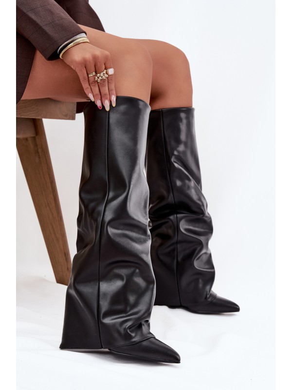 Insulated Women's Boots with Turned Cuff on Heel Black Elivira