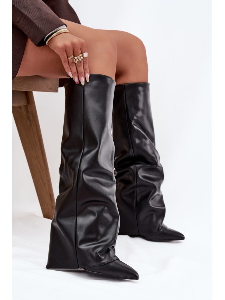 Insulated Women's Boots with Turned Cuff on Heel Black Elivira
