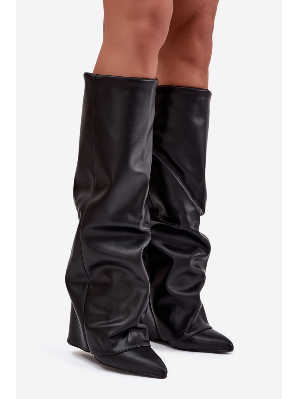 Insulated Women's Boots with Turned Cuff on Heel Black Elivira