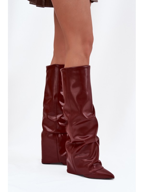 Insulated Women's Boots with Rolled Shaft on a Heel Bordeaux Elivira