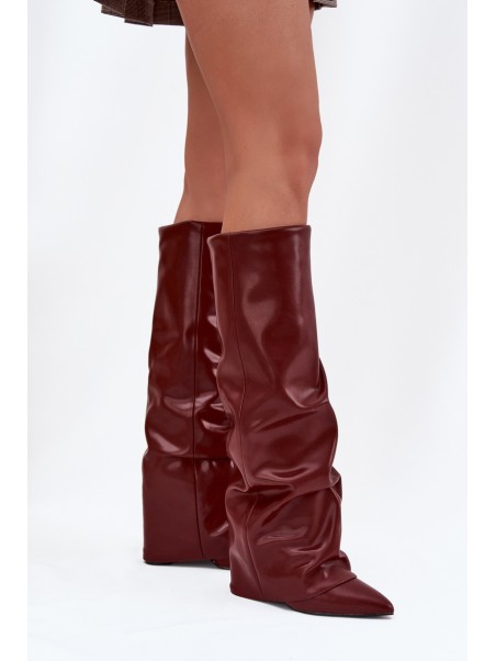 Insulated Women's Boots with Rolled Shaft on a Heel Bordeaux Elivira