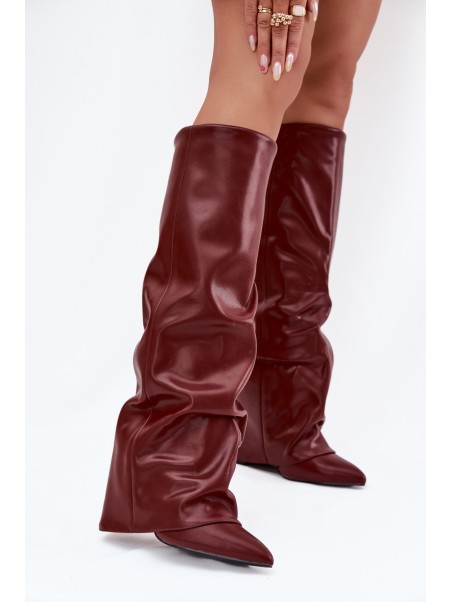 Insulated Women's Boots with Rolled Shaft on a Heel Bordeaux Elivira