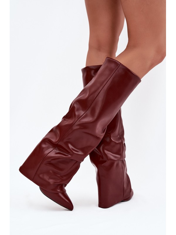 Insulated Women's Boots with Rolled Shaft on a Heel Bordeaux Elivira