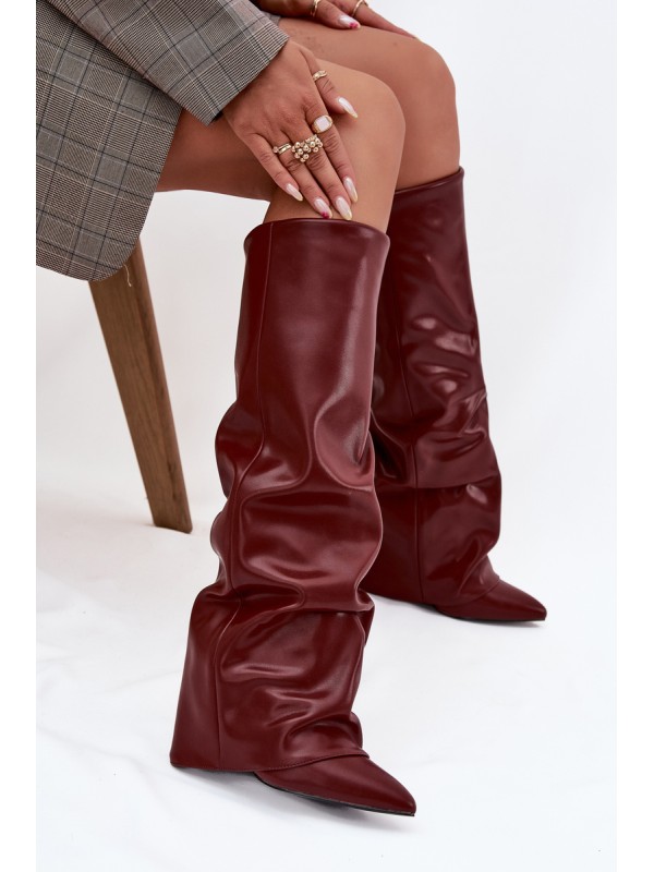 Insulated Women's Boots with Rolled Shaft on a Heel Bordeaux Elivira