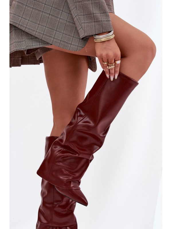 Insulated Women's Boots with Rolled Shaft on a Heel Bordeaux Elivira