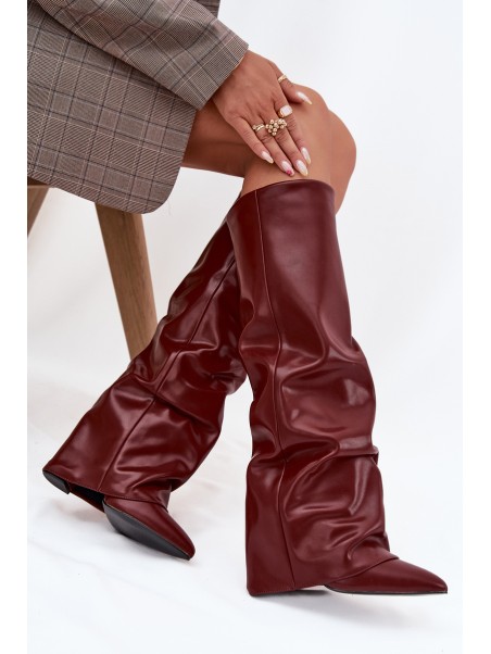 Insulated Women's Boots with Rolled Shaft on a Heel Bordeaux Elivira