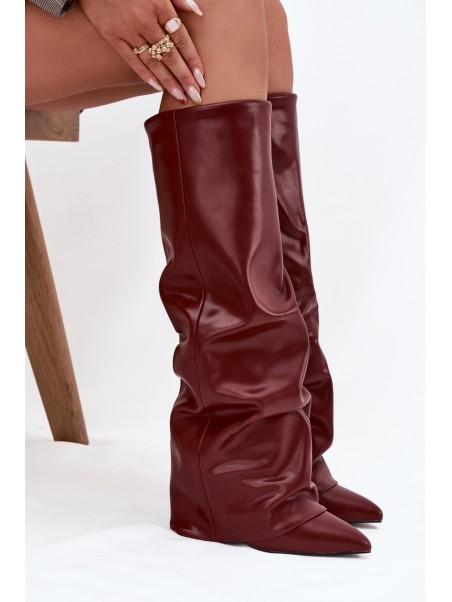 Insulated Women's Boots with Rolled Shaft on a Heel Bordeaux Elivira