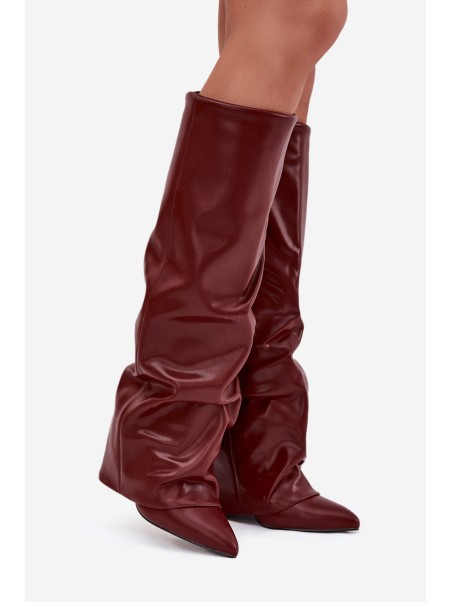 Insulated Women's Boots with Rolled Shaft on a Heel Bordeaux Elivira