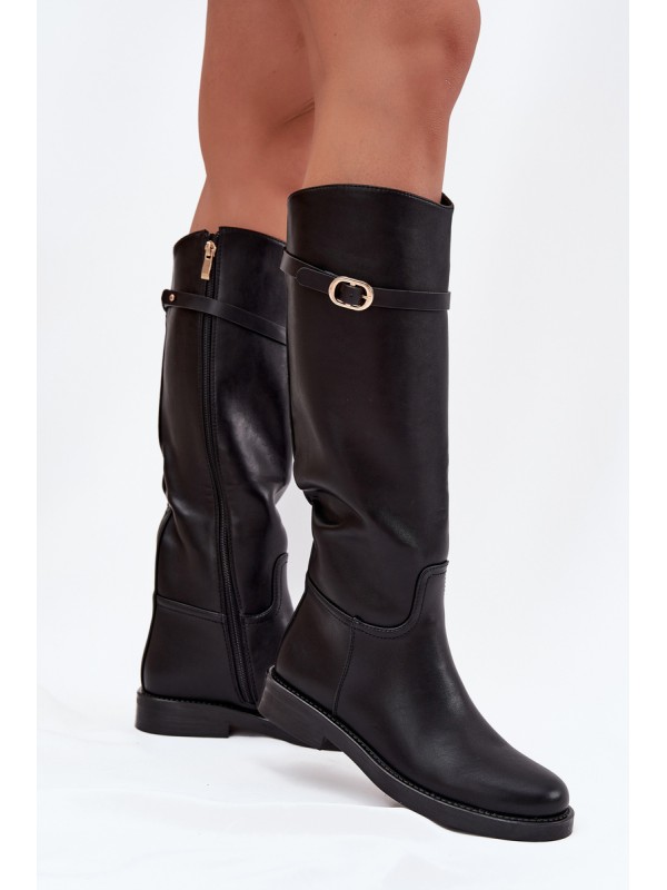 Women's Flat Heel Boots with Strap and Gold Buckle Black Sylvena