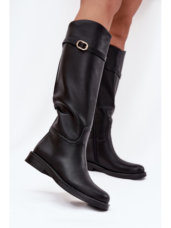 Women's Flat Heel Boots with Strap and Gold Buckle Black Sylvena 2