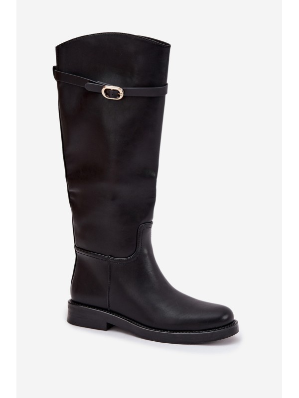 Women's Flat Heel Boots with Strap and Gold Buckle Black Sylvena