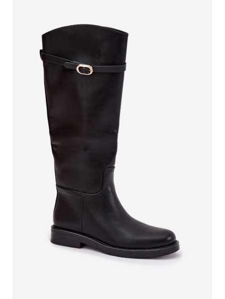 Women's Flat Heel Boots with Strap and Gold Buckle Black Sylvena