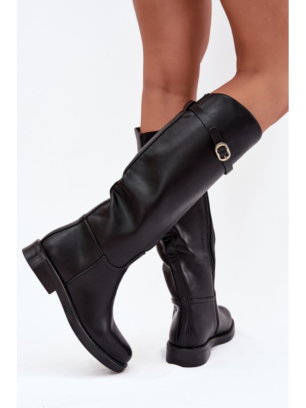 Women's Flat Heel Boots with Strap and Gold Buckle Black Sylvena