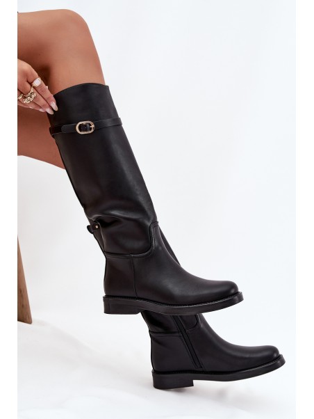 Women's Flat Heel Boots with Strap and Gold Buckle Black Sylvena
