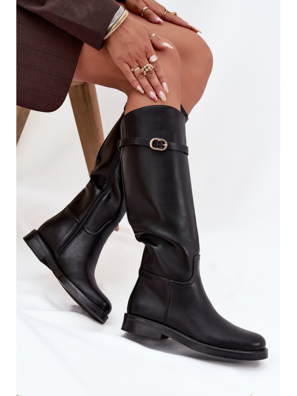 Women's Flat Heel Boots with Strap and Gold Buckle Black Sylvena