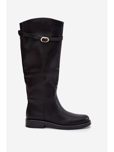 Women's Flat Heel Boots with Strap and Gold Buckle Black Sylvena