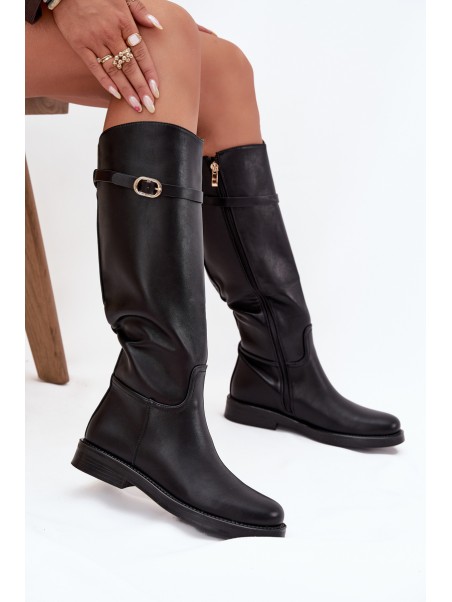 Women's Flat Heel Boots with Strap and Gold Buckle Black Sylvena