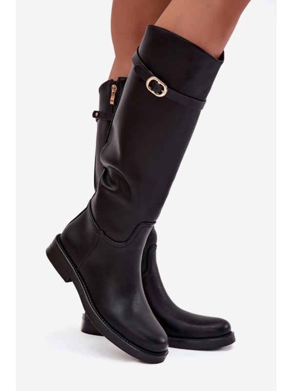 Women's Flat Heel Boots with Strap and Gold Buckle Black Sylvena