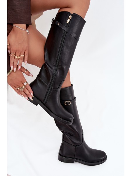 Women's Flat Heel Boots with Strap and Gold Buckle Black Sylvena