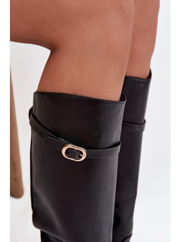 Women's Flat Heel Boots with Strap and Gold Buckle Black Sylvena