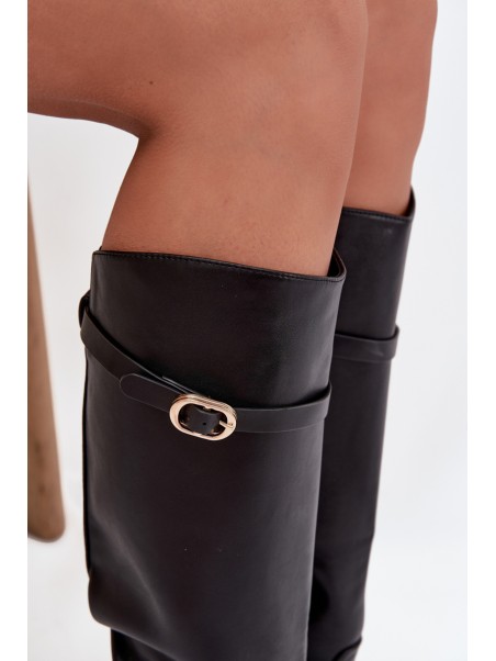 Women's Flat Heel Boots with Strap and Gold Buckle Black Sylvena