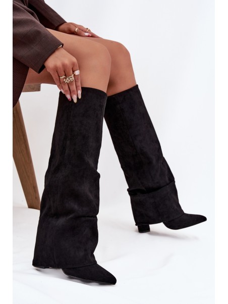 Insulated Women's Boots with Turned Shaft on Heel Eco Suede Black Elivira
