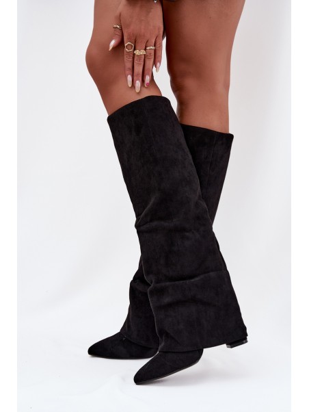 Insulated Women's Boots with Turned Shaft on Heel Eco Suede Black Elivira
