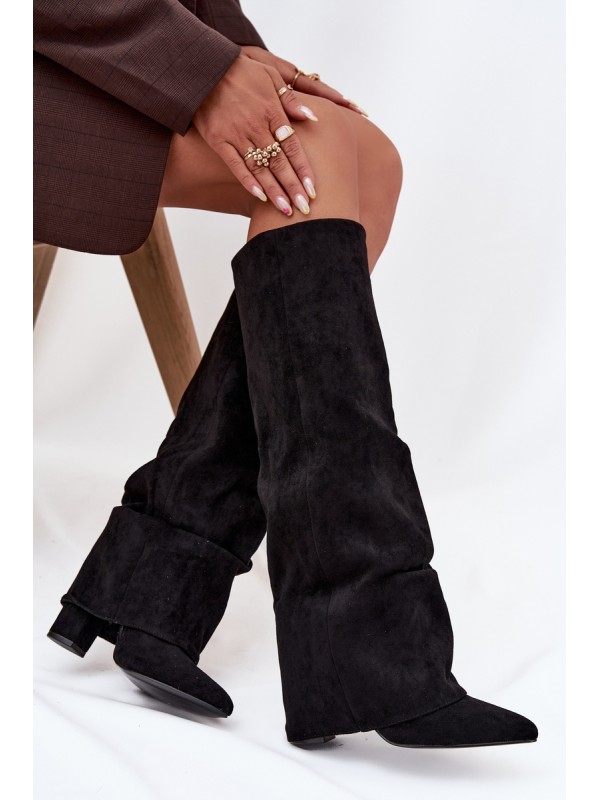 Insulated Women's Boots with Turned Shaft on Heel Eco Suede Black Elivira