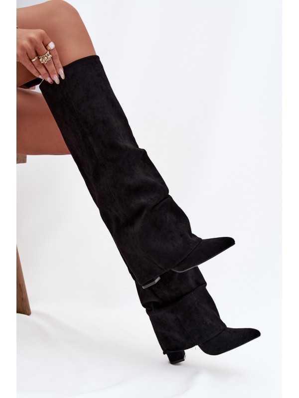 Insulated Women's Boots with Turned Shaft on Heel Eco Suede Black Elivira