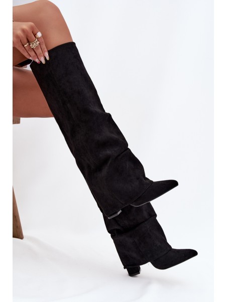 Insulated Women's Boots with Turned Shaft on Heel Eco Suede Black Elivira