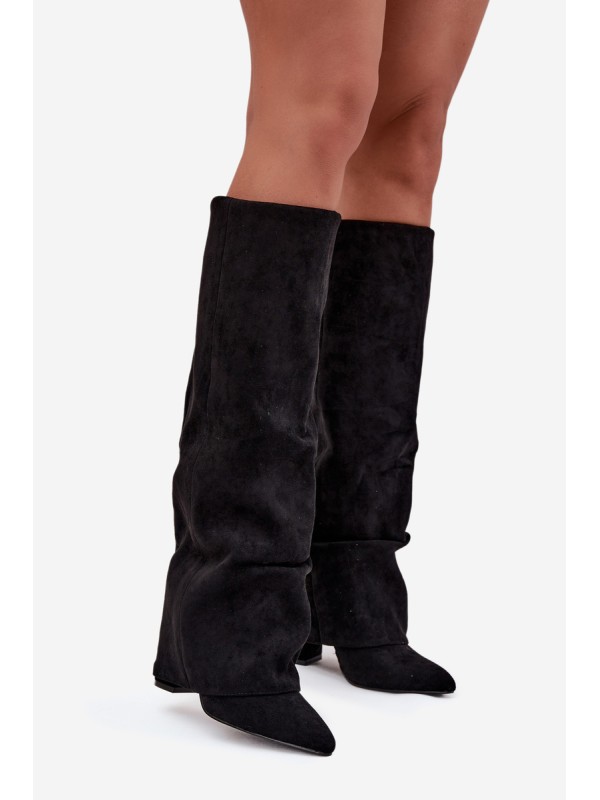Insulated Women's Boots with Turned Shaft on Heel Eco Suede Black Elivira