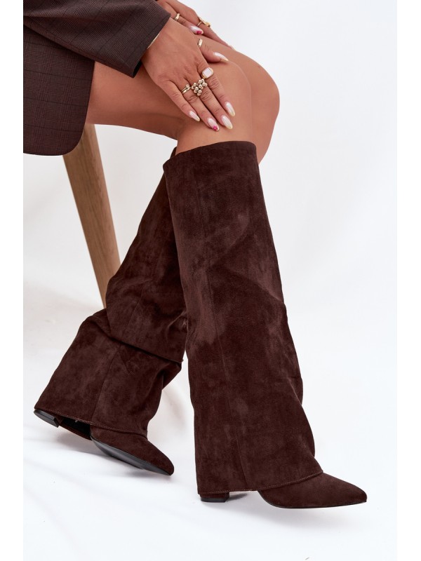 Insulated Women's Boots with Turned Cuff on Heel Eco Suede Chocolate Elivira
