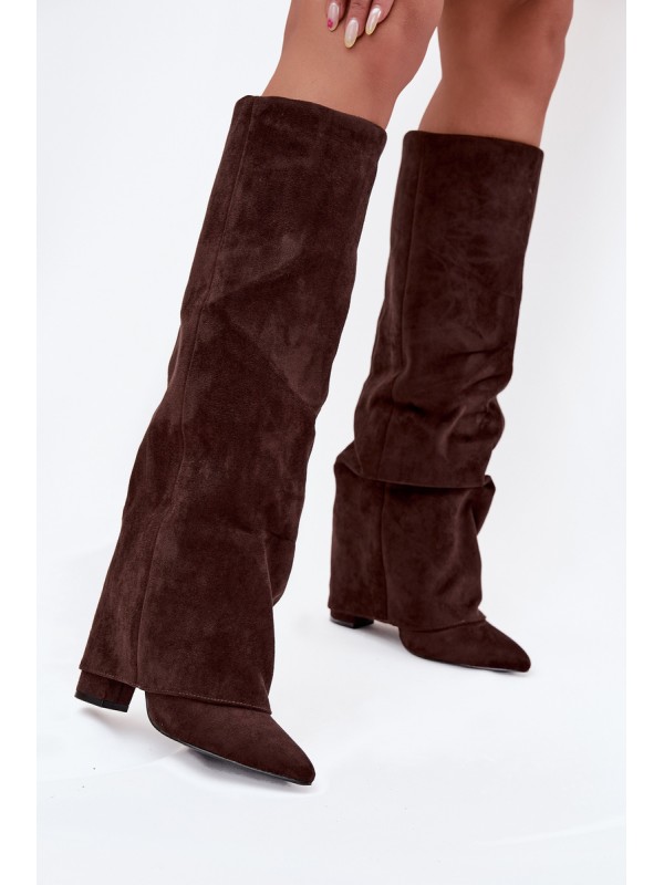 Insulated Women's Boots with Turned Cuff on Heel Eco Suede Chocolate Elivira