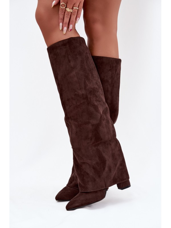Insulated Women's Boots with Turned Cuff on Heel Eco Suede Chocolate Elivira
