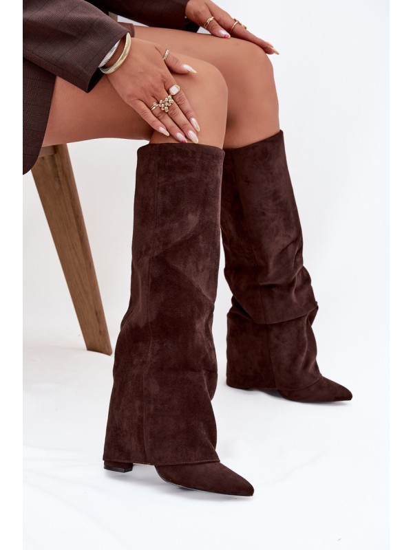 Insulated Women's Boots with Turned Cuff on Heel Eco Suede Chocolate Elivira