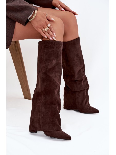 Insulated Women's Boots with Turned Cuff on Heel Eco Suede Chocolate Elivira