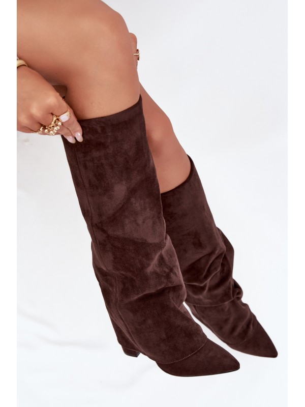 Insulated Women's Boots with Turned Cuff on Heel Eco Suede Chocolate Elivira