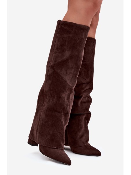 Insulated Women's Boots with Turned Cuff on Heel Eco Suede Chocolate Elivira