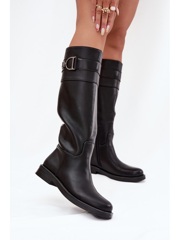 Women's Flat Heeled Boots with Decorative Detail Black Arvessa