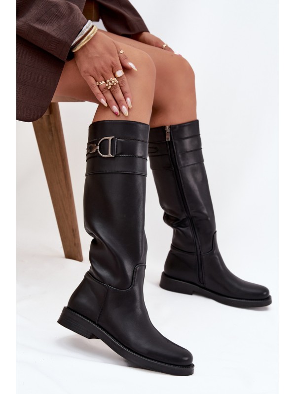 Women's Flat Heeled Boots with Decorative Detail Black Arvessa