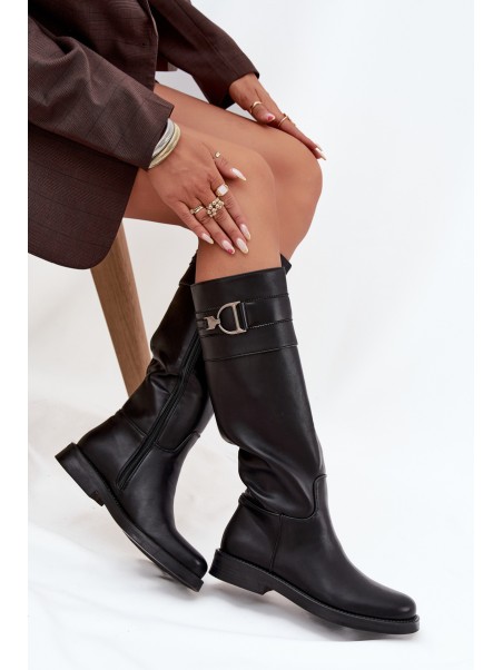 Women's Flat Heeled Boots with Decorative Detail Black Arvessa