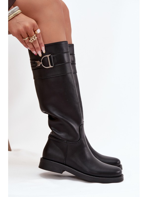 Women's Flat Heeled Boots with Decorative Detail Black Arvessa