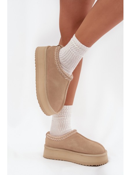 Low suede snow boots for women with embroidery on platform Vinceza 97960 beige